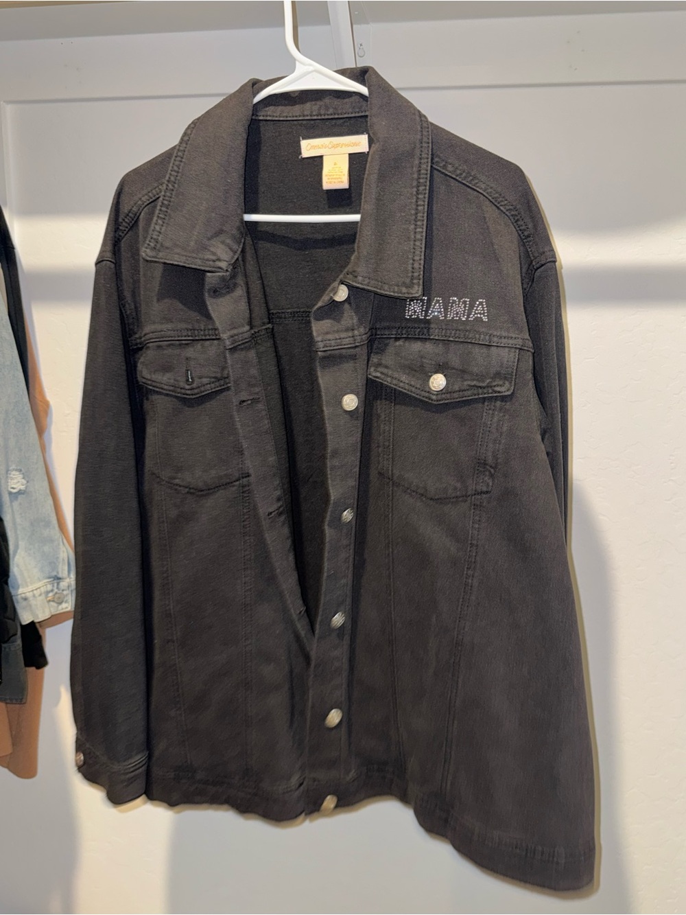 Oversized Black Denim Jacket with Embroidered Detail Mama